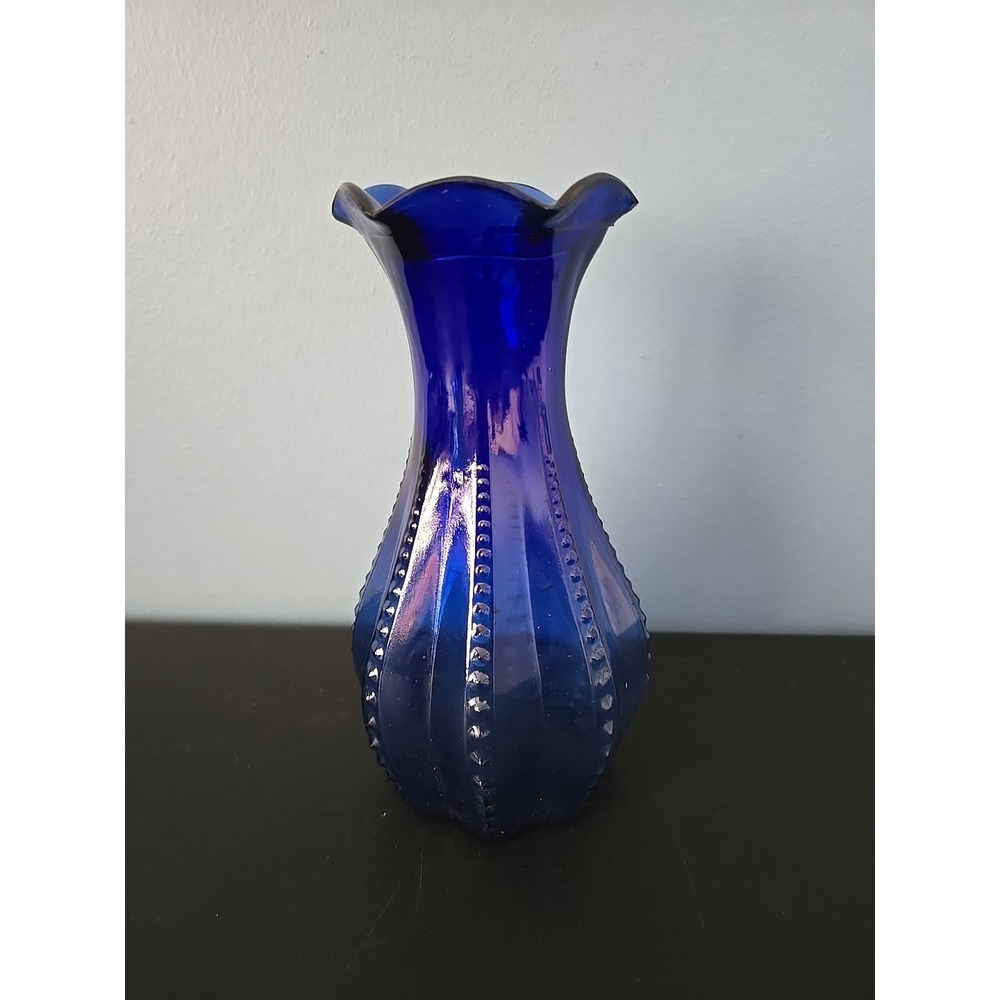 Vintage‎ Blue Glass Rounded Belly Ribbed Hive Bottom Water Pitcher Vase